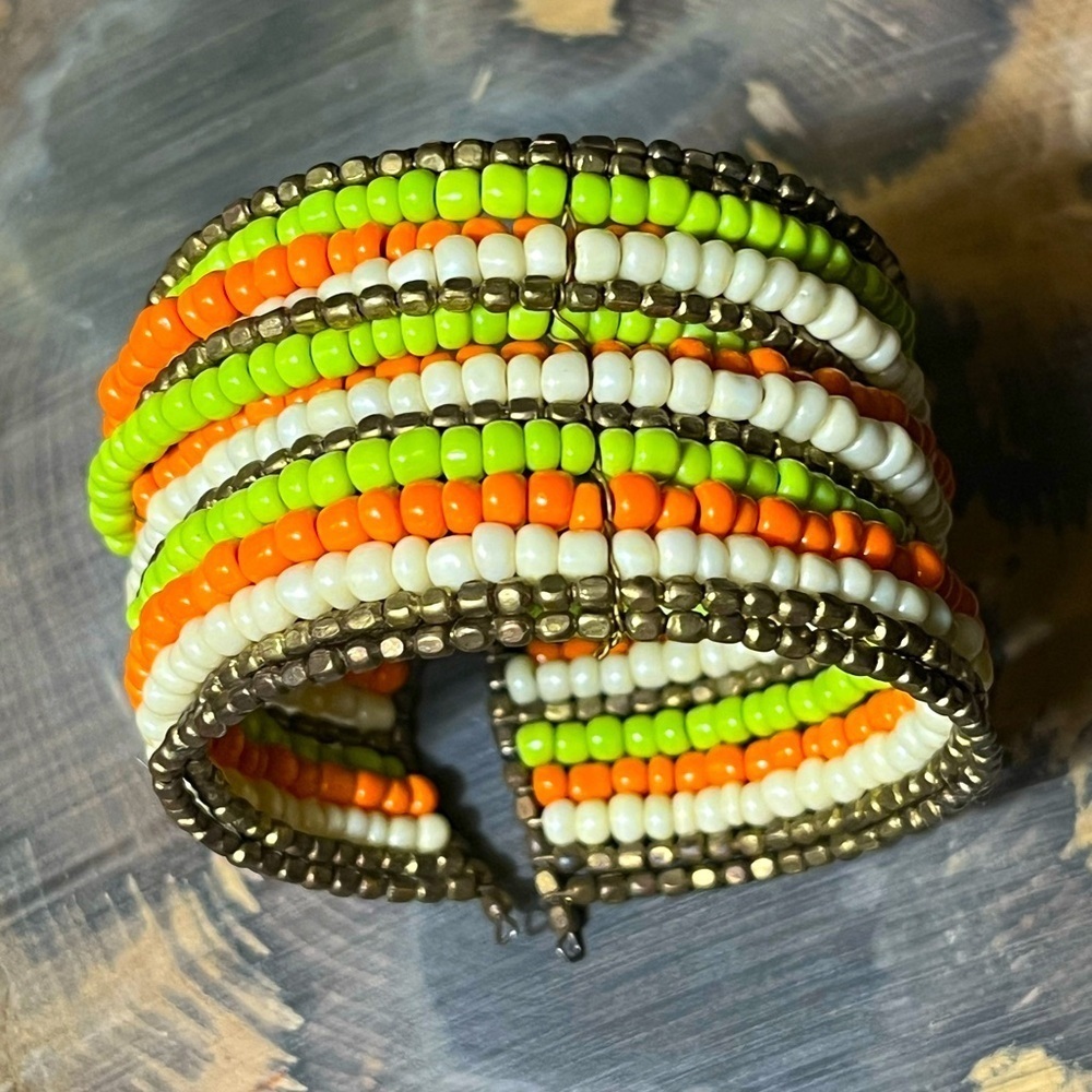 Beaded Copper Wire Wrapped Stretch Cuff Bracelet